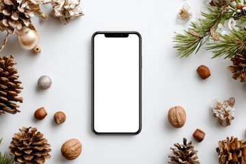 Smartphone surrounded by Christmas-themed decorations on a white background