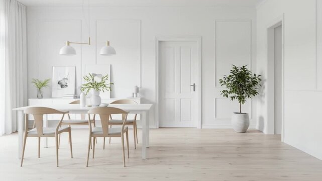 White dining room table chairs plant door frames vases lamp and white wood floor Minimalist and bright