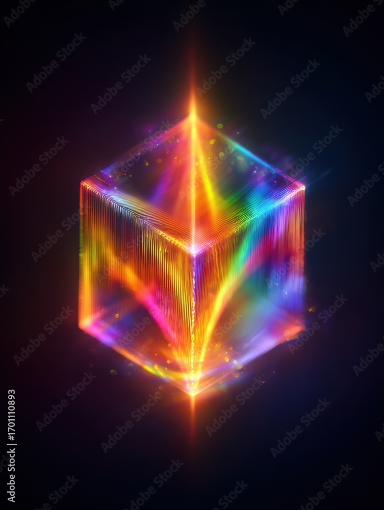 Poster colorful illuminated cube with vibrant reflections in a dark background