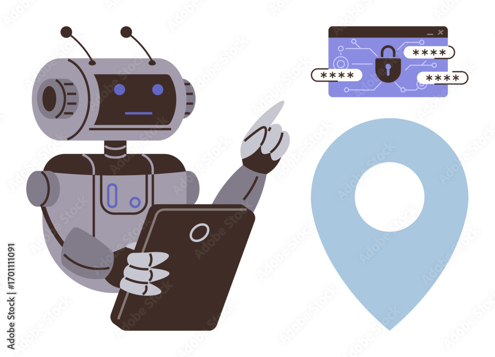 Poster robot interacting with a tablet, password-protected system with lock icon, location pin. ideal for c