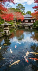 Serene japanese garden pond with vibrant koi fish and colorful autumn foliage backdrop tranquil