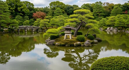 Obraz premium Serene japanese garden with stone lantern and meticulously trimmed pine trees reflected in calm