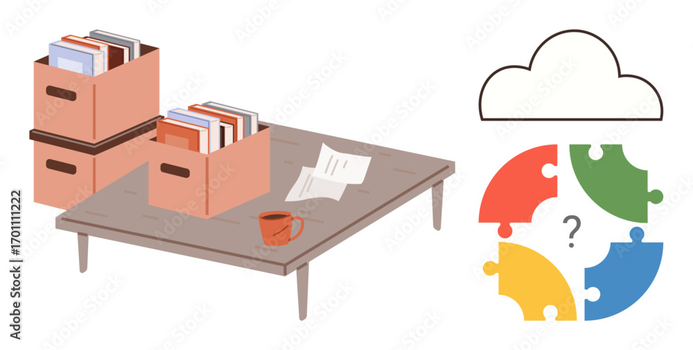 Poster files in boxes on a desk with scattered papers and coffee cup next to cloud graphic and puzzle piece
