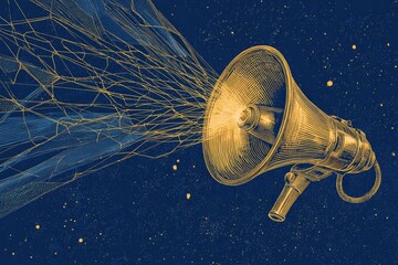 Golden megaphone radiating lines in space