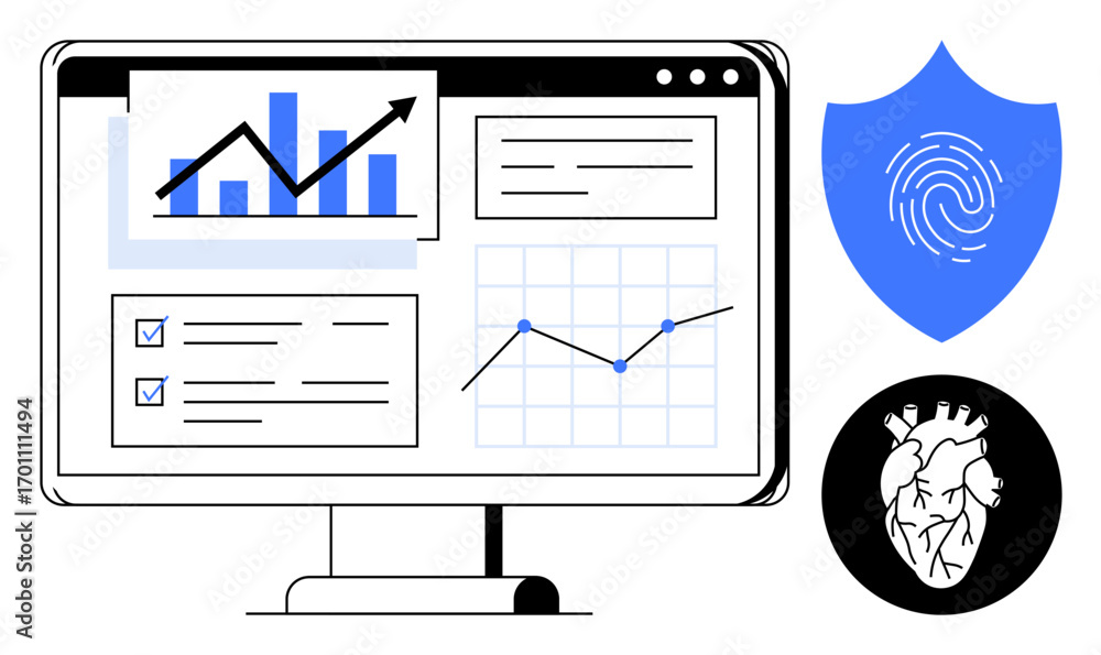 Poster computer screen displaying analytics, charts, and checklist. nearby fingerprint shield and heart ico