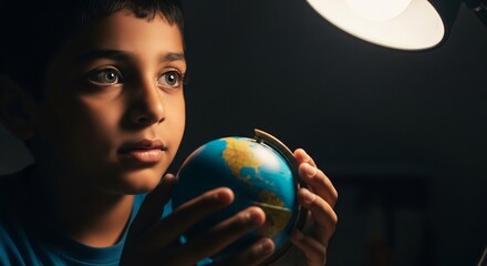 Intrigued child exploring the world, holding a globe under a lamp. Ideal for geography education, climate change awareness, or promoting global unity. Dreams, future, learning.