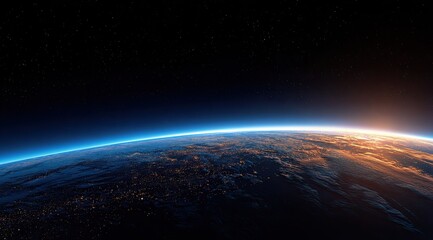 Obraz premium Earth's horizon bathed in sunrise. Vast expanse of space surrounds a detailed view of the planet's surface with lights of cities visible. Sunrise glows along the edge of the atmosphere