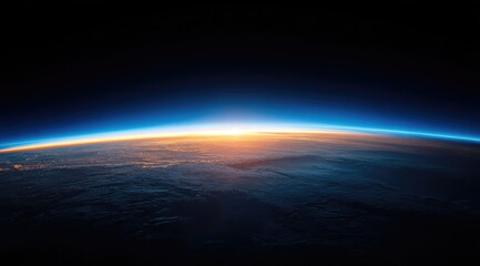 Earth's horizon at sunrise, seen from space.  A panoramic view of the planet's curvature, with the sunrise along the horizon. Clouds are visible.  Dark space surrounds the Earth