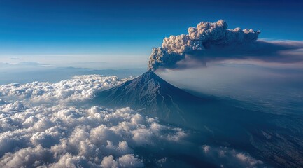 Volcanic eruption viewed from above, with a massive plume of ash and smoke rising from a mountain peak, surrounded by clouds and a clear blue sky