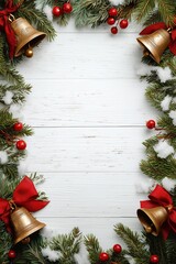 Festive christmas border with bells red ribbons and pine branches on wooden background