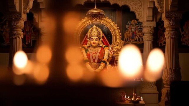 Serene divinity: Goddess Laxmi idol illuminated by traditional oil lamps flickering gracefully