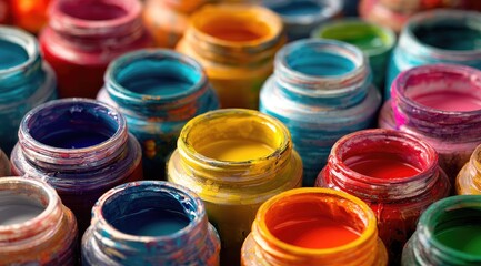 Close-up of many small paint containers, various vibrant colors
