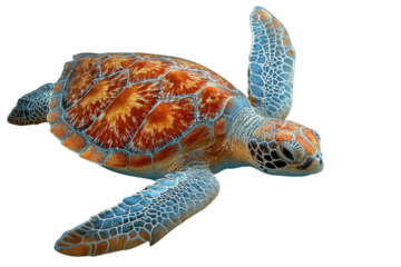 A vibrant sea turtle with intricate shell patterns, swimming against a transparent background. background removed