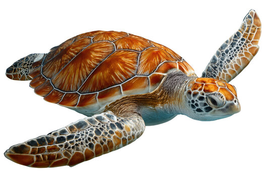 A stunning close-up of a Hawksbill sea turtle, gracefully swimming against a transparent background. background removed