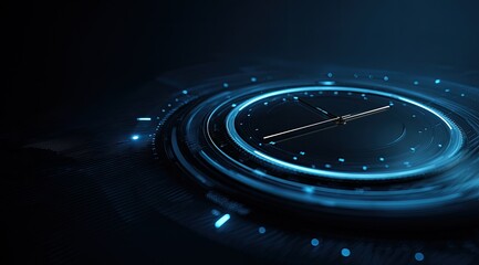 Digital clock face, glowing blue, futuristic design