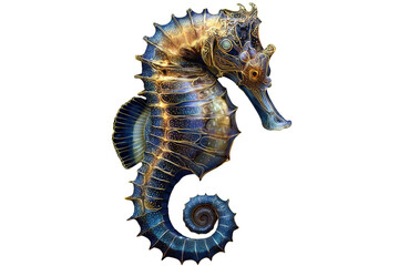 A mesmerizing transparent seahorse with golden outlines, artistically rendered against a black backdrop. background removed