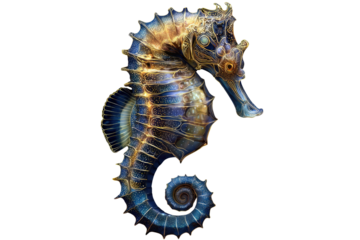 A mesmerizing transparent seahorse with golden outlines, artistically rendered against a black backdrop. background removed