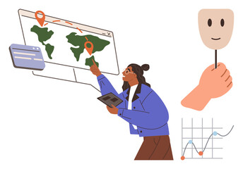 Person analyzing a digital map with location markers and a tablet, accompanied by a hand holding an emotional mask and a business graph. Ideal for navigation, emotion, analytics, technology