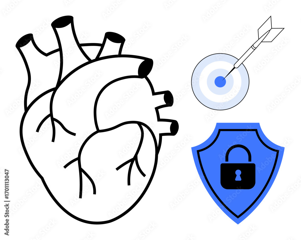 Poster anatomical heart with security shield featuring a padlock and a target with an arrow. ideal for heal