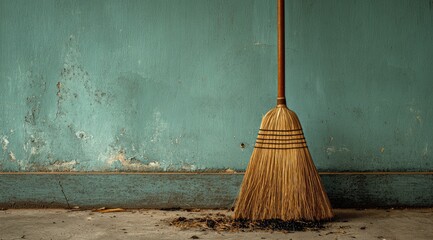 A weathered broom rests against a teal wall, debris at its base