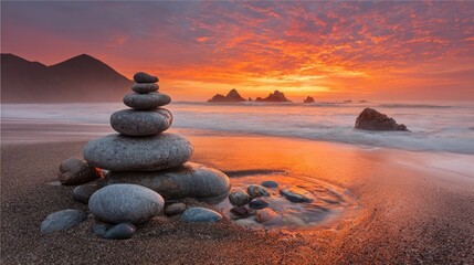 Colorful Sunset Over Rocky Beach With Stone Cairn