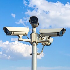 Multiple security cameras mounted on a tall pole against a bright blue sky with fluffy white clouds.