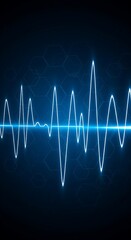 Abstract image of a glowing blue waveform on a dark background with a subtle hexagonal pattern. Represents sound waves, data signals, or heartbeats.