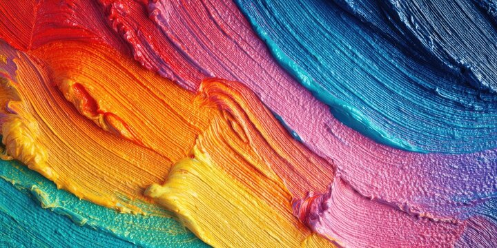Abstract close-up of vibrant paint strokes in a spectrum of colors, showing thick, textured application