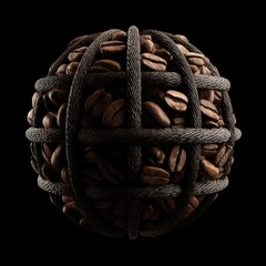A sphere of coffee beans, tightly enclosed within a dark, woven cage