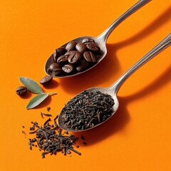 Two spoons, one filled with coffee beans and the other with loose leaf tea, sit on an orange surface.  Small green leaves are near the tea