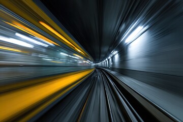 Subway train speeding through dark tunnel.  Motion blur effect