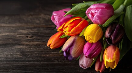 Colorful tulip bouquet on dark wood
