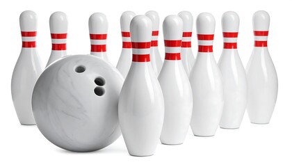 Ten white bowling pins and a gray bowling ball stand in a row against a white background.