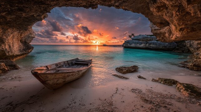 Sunrise Through Cave At Tropical Beach With Boat