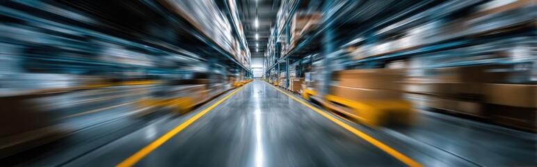 Warehouse Interior with Moving Forklift