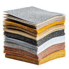 A stack of metallic glitter sheets in various colors, isolated on a transparent background. background removed
