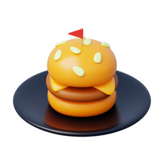 Burger sits on a dark plate topped with a red flag