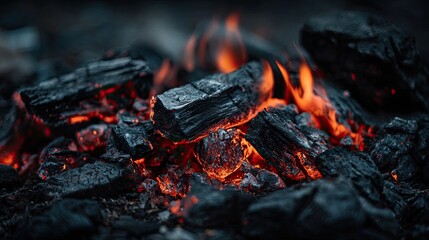 Close-up view of glowing embers and flames in a fire