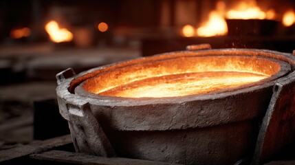 Molten metal in foundry.  Fiery, orange liquid metal within two concentric, gray metal molds.  Blurred background of other molds and flames