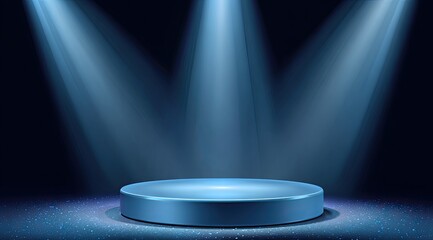 Empty blue circular podium under spotlights