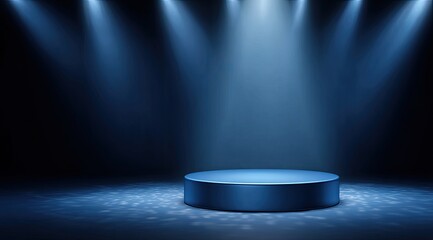 Empty dark blue circular podium under spotlight beams