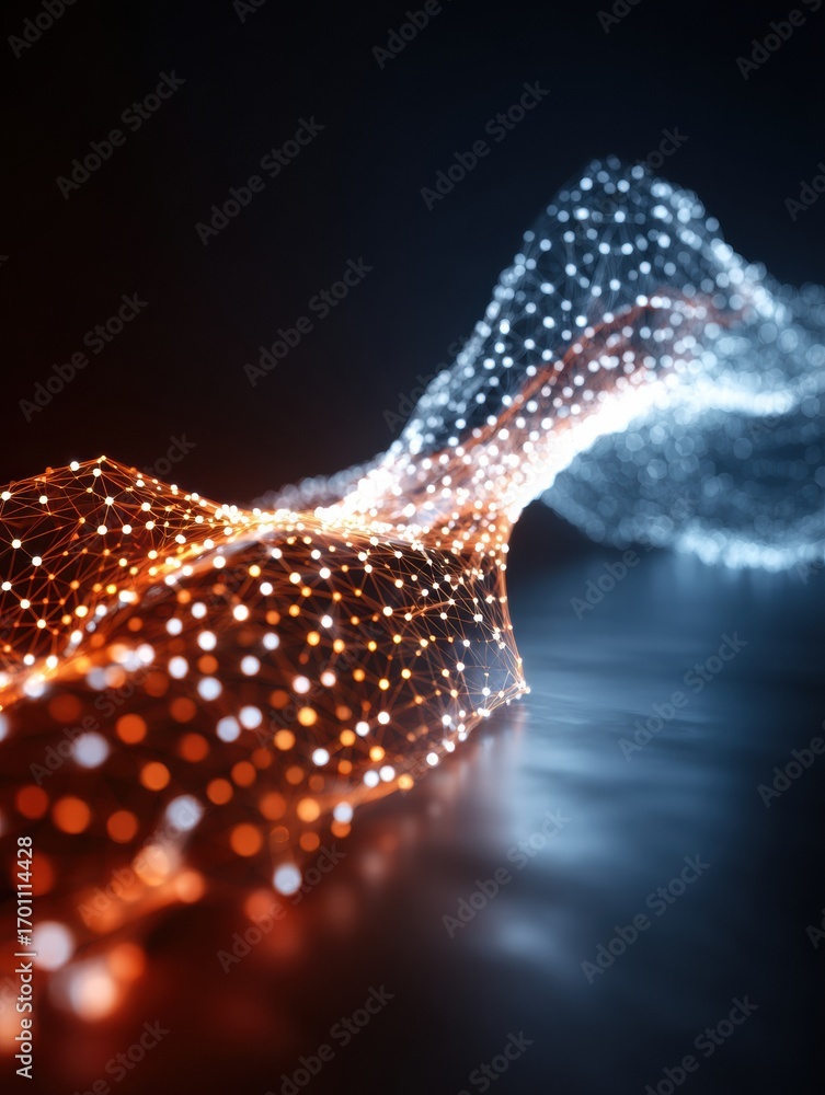 Poster futuristic digital wave representation of data flow with glowing particles in orange and blue colors