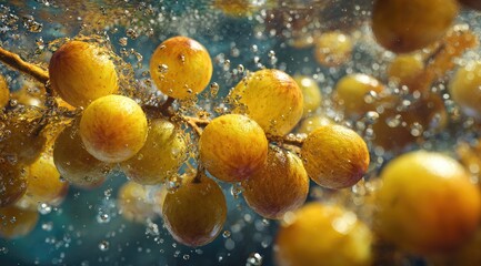 Yellow grapes in water, splashing