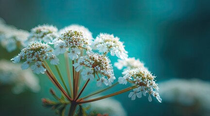 Close-up of delicate white flowers,  soft focus, teal background