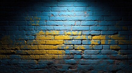 Illuminated brick wall, painted blue and yellow