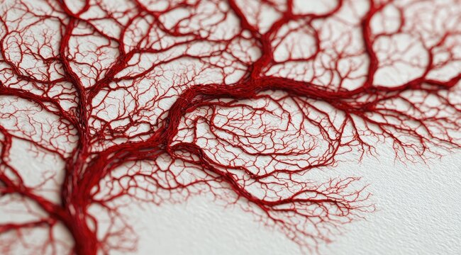 Intricate network of red, branching veins against a light background.  Detailed close-up view of a vascular system
