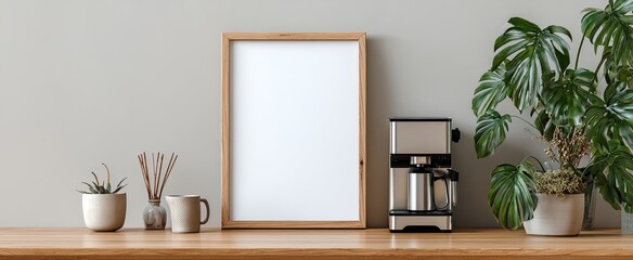 A modern, minimalist kitchen or home office scene, featuring a blank framed poster, coffee machine, houseplants, and simple ceramic accents