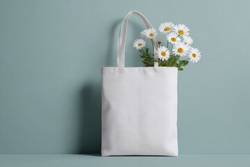 Blank white canvas tote bag with daisy flowers