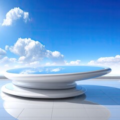 Futuristic, white, circular platform against a clear blue sky with puffy white clouds.  A smooth, reflective surface mirrors the clouds
