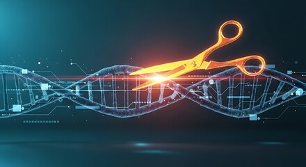 Gene editing (CRISPR) technology concept. A holographic pair of light scissors snips a specific segment of a DNA chain, symbolizing genetic engineering